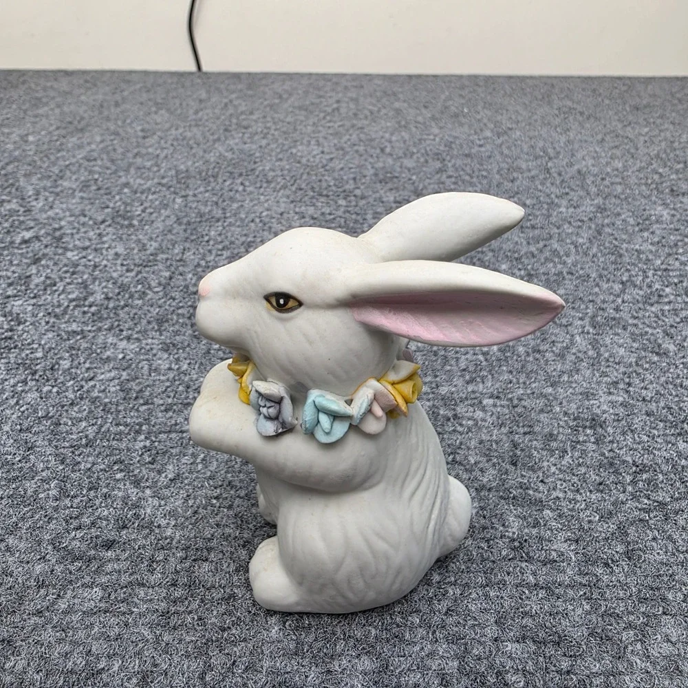Vintage GOT Ceramic White Rabbit Figurine Flower Garland Collar‎ Easter Decor 4